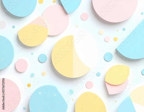 Fototapeta Colorful geometric shapes in pastel hues scattered on a white background, creating a playful and vibrant atmosphere, ideal for design and creative projects