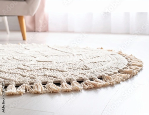 Fototapeta Round woven area rug with tassels on a light wooden floor, creating a cozy atmosphere in a bright room with natural light and soft textures enhancing interior design