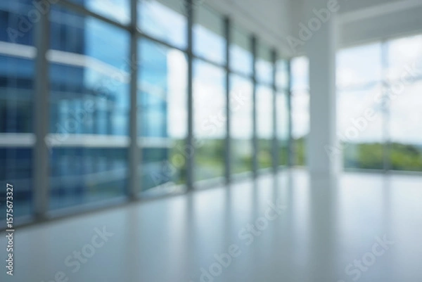 Fototapeta Blurred view of a modern office building interior with large windows