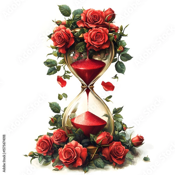 Fototapeta An hourglass, adorned with red roses, contains red sand; the roses cascade down the sides.