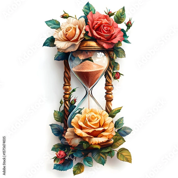 Fototapeta An hourglass, adorned with three roses in varying shades of peach, orange, and red, is depicted against a white background.  