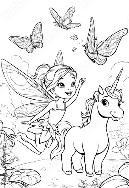 Fototapeta A fairy with large wings interacts with a unicorn, surrounded by butterflies and flowers in a whimsical, outlined scene.