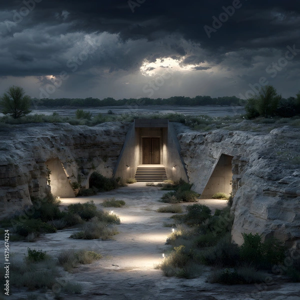 Fototapeta Modern concrete structure, recessed into stone cliffs, features a stairway leading to a double door entrance.  The scene is lit at night under a stormy sky.