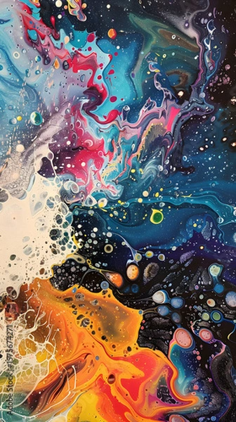 Fototapeta Abstract fluid acrylic painting showcases vibrant swirling colors, creating a cosmic, nebula-like effect.  The artwork features dynamic blends of blues, oranges, and reds.