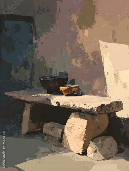 Fototapeta Two bowls rest on a rustic, weathered stone bench.  The scene is bathed in warm, ambient light.  A textured background complements the still life.