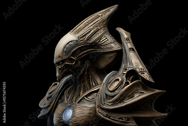 Fototapeta Bronze alien bust, intricate details, dark background.  The figure's head is angled, showcasing ornate, biomechanical armor.