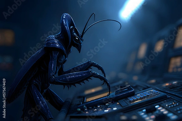 Fototapeta A mantis-like creature operates a complex control panel, its clawed hands manipulating buttons and knobs in a dimly lit, technological setting.