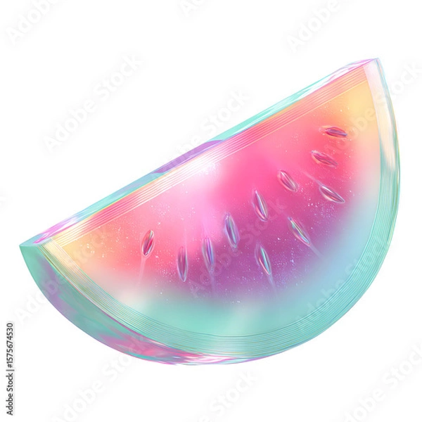 Fototapeta A stylized image depicts a vibrant, iridescent watermelon slice, presented against a plain white backdrop.  The slice exhibits a layered, almost translucent effect.
