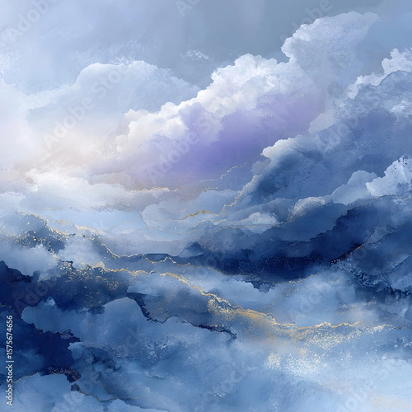 Fototapeta Abstract artwork featuring a blend of blue hues and gold accents, resembling a stylized cloudscape or celestial scene.  The image showcases flowing, organic forms.