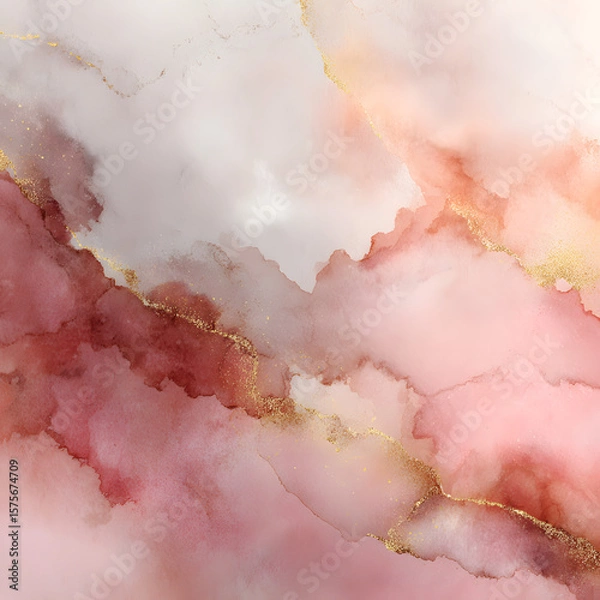 Fototapeta Abstract image featuring pink and rose hues, interspersed with gold accents resembling veins or streaks.  The overall effect is one of fluid, flowing color and texture.