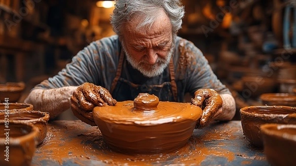 Obraz A seasoned sculptor with a white beard skillfully molds clay in a warm rustic workshop his hands shaping the form surrounded by pottery tools and earthy creative atmosphere