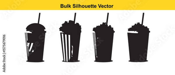 Fototapeta Bulk Silhouette Vector: Four Black Drink Cups with Straws and Popcorn