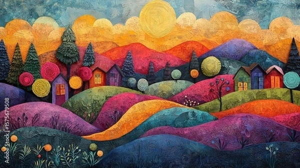 Obraz Whimsical vibrant landscape painting with rolling colorful hills charming stylized houses trees glowing sun and cloudy sky in a joyful imaginative and artistic abstract composition