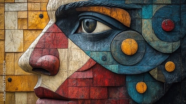 Obraz Vibrant close-up of a colorful mosaic face crafted from geometric blocks highlighting a detailed eye with bold indigenous-inspired patterns representing culture and artistic expression