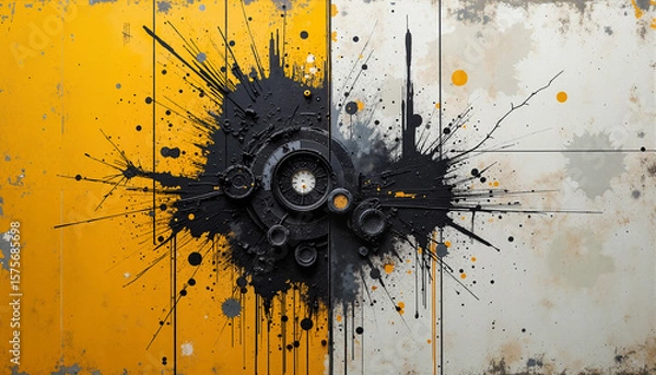 Fototapeta A striking artwork featuring an abstract industrial design with an explosion of black and yellow splatters on a textured background. - Generic AI Image