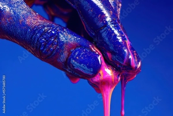 Fototapeta A hand with blue paint on it is reaching out to touch a pink substance
