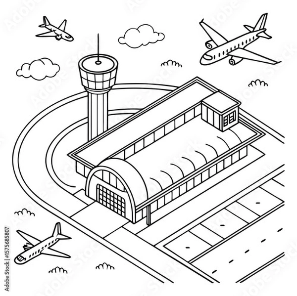 Fototapeta Airport. Lineart black and white vector illustration with air terminal and airplanes