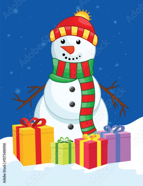 Obraz Cute Christmas snowman with gift boxes