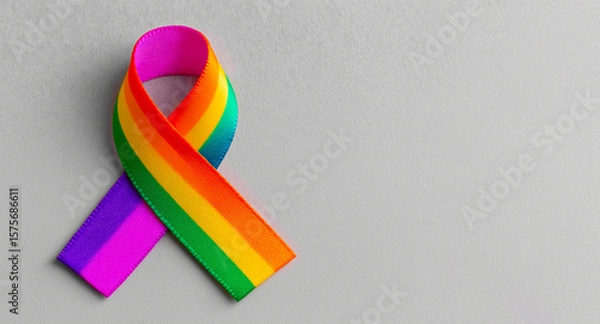 Fototapeta Minimalistic rainbow awareness ribbon symbolizing pride, inclusion, diversity and equality. Placed on a neutral gray background for clean composition, for pride month content, diversity statements