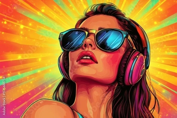 Fototapeta Pop art retro style featuring a young blonde woman wearing sunglasses on a vibrant, colorful background. Created with, Generative AI