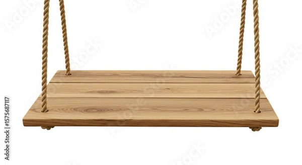 Obraz Natural wooden plank swing seat suspended by thick twisted ropes isolated on white background