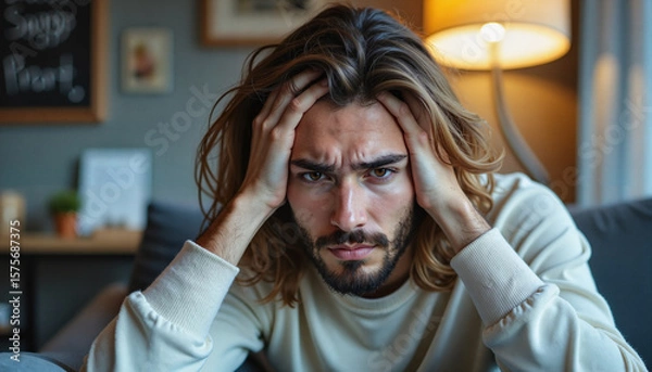 Fototapeta Portrait of a frustrated young man holding his head with both hands, sitting indoors on a couch - Generic AI Image