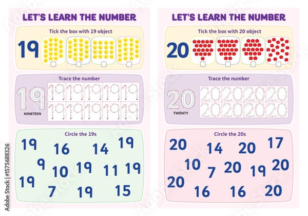 Obraz Learn the number 19-20 tick the box, trace the number and circle the number worksheet