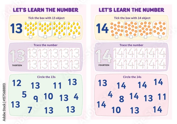 Obraz Learn the number 13-14 tick the box, trace the number and circle the number worksheet