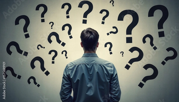 Fototapeta A man stands with his back to the viewer, facing a wall covered in various-sized question marks, symbolizing uncertainty and confusion. - Generic AI Image