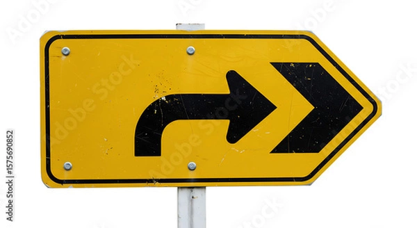 Obraz Yellow directional road sign with black arrows indicating a sharp curve to the right and a straight direction isolated on white background