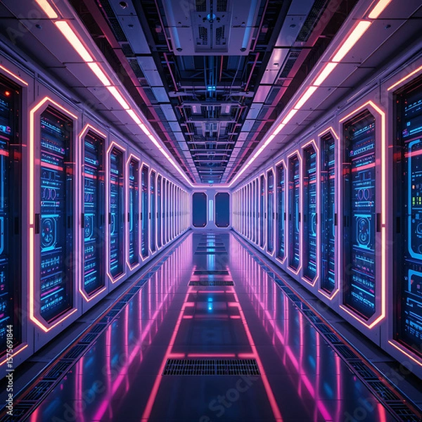 Fototapeta Futuristic Action, Data Center, Neon Technology, Digital Environment, High-Tech Space, Perspective, Visual Concept