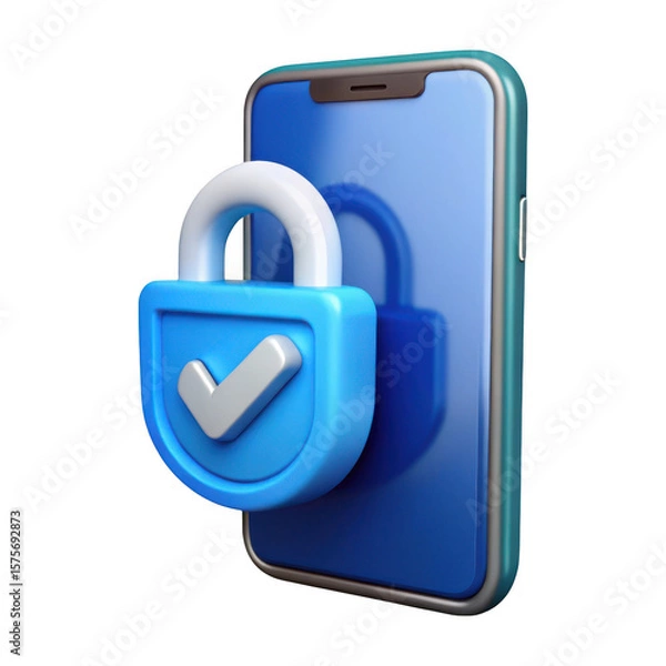 Fototapeta 3d rendered smartphone with a blue security lock icon and checkmark isolated on transparent background