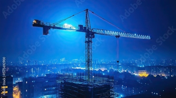 Fototapeta Tower crane construction site glowing with neon blue light accents illustrating modern urban development and building tech