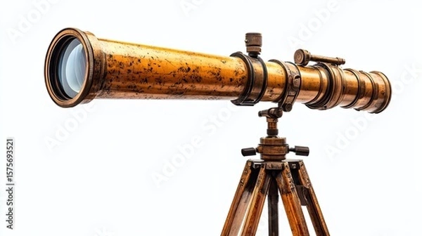 Fototapeta Vintage telescope on tripod setup in isolated white background scene for astronomy, exploration, or education