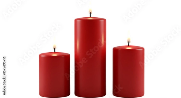 Obraz Three realistic red pillar candles with lit flames in varying heights standing together isolated on white background