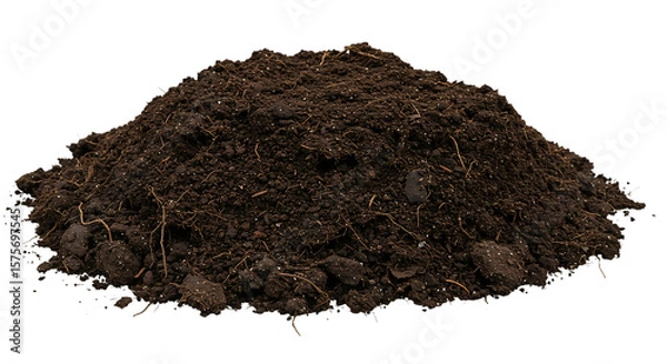 Obraz A pile of rich dark organic soil with visible roots and texture isolated on white background