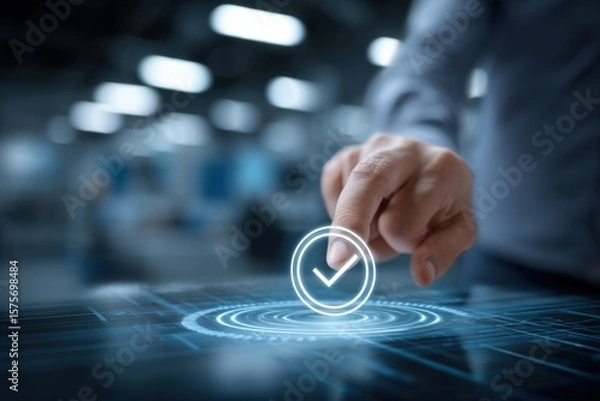 Fototapeta Hand Touching Checkmark Icon on Futuristic Interface, Representing Approval and Quality Assurance in Digital Transformation : Generative AI