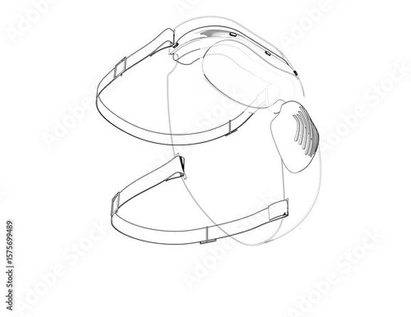 Fototapeta Wireframe Technical Drawing: Protective Mask for Lab Safety. Essential PPE Outline for Virus and Bacteria Protection, Clean Room Filtration. Monochrome Schematic for Medical and Research Facilities.