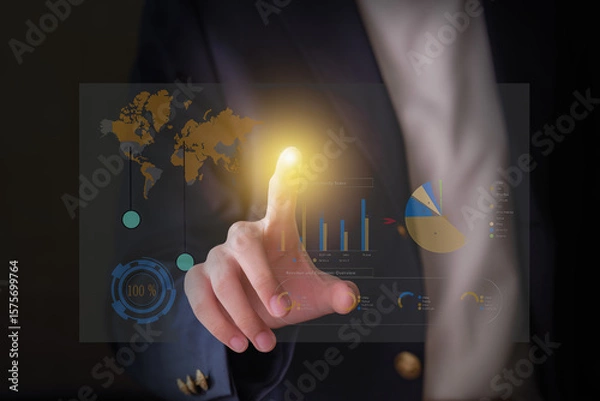 Fototapeta A businesswoman's hand reaching out, representing a business concept. Shows an efficient process. Modern business operations are in progress. Improvement strategy, growth. Tech innovation for better.