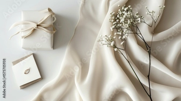 Obraz Elegant Still Life Featuring Gift Box, Greeting Card, and Delicate Baby's Breath on Luxurious Satin Fabric Creates a Timeless Aesthetic.