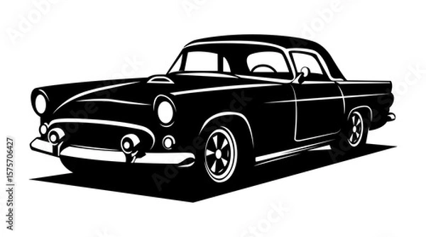 Fototapeta Black and white silhouette of a retro car. Isolated on a white background. Logo. Business card. Vector illustration.