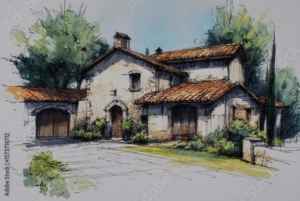 Fototapeta Charming Mediterranean House Sketch Reflects Timeless Architectural Beauty Generative AI