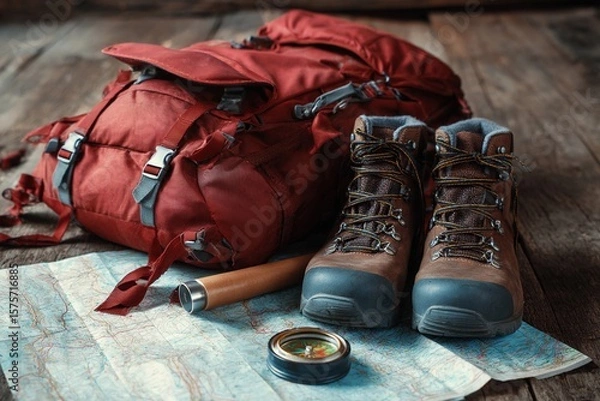 Fototapeta Explore the Wilderness With Travel Essentials and a Trusty Map at Hand Generative AI