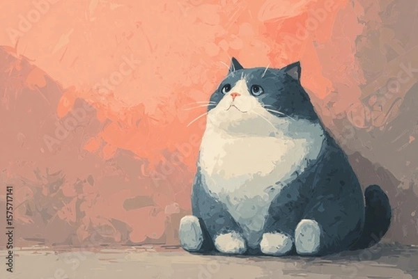 Fototapeta Charming Cat Sits Serenely Against a Warm Pastel Wall at Twilight Generative AI