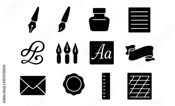 Obraz Elegant silhouette icons of writing tools and stationery for creative design projects