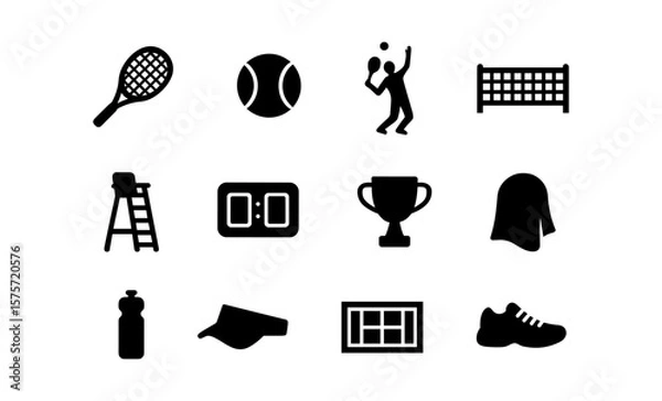 Obraz Tennis equipment and icons set: racket, ball, player silhouette, court layout