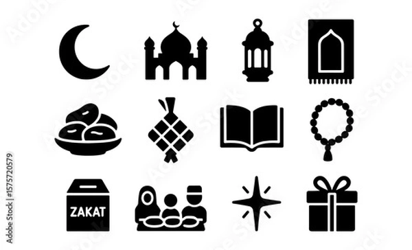 Obraz Minimalist ramadan and eid icons set featuring mosque, crescent moon, quran, and lantern