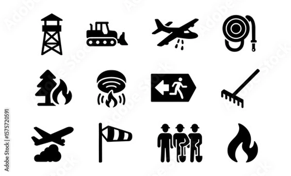 Obraz Emergency and firefighting icons: safety equipment, fire prevention, rescue operations