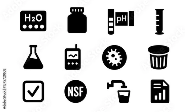 Obraz Laboratory equipment icons: test kit, sample, turbidity, lab flask, data logger