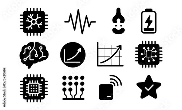 Obraz Tech symbols set: circuit, brain, battery, graph icons in monochrome style